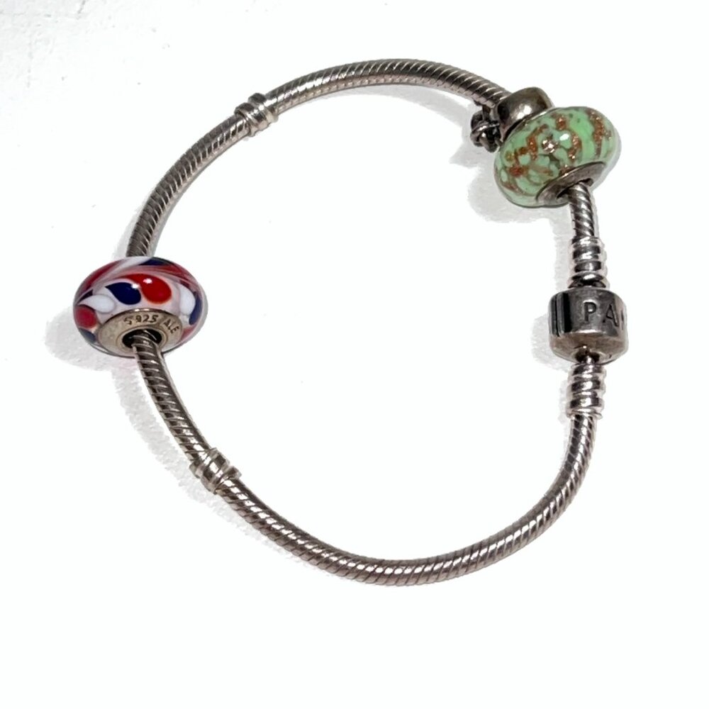 Authentic Pandora Ale Sterling Silver Snake Bracelet w/ Italy Murano Glass Charm